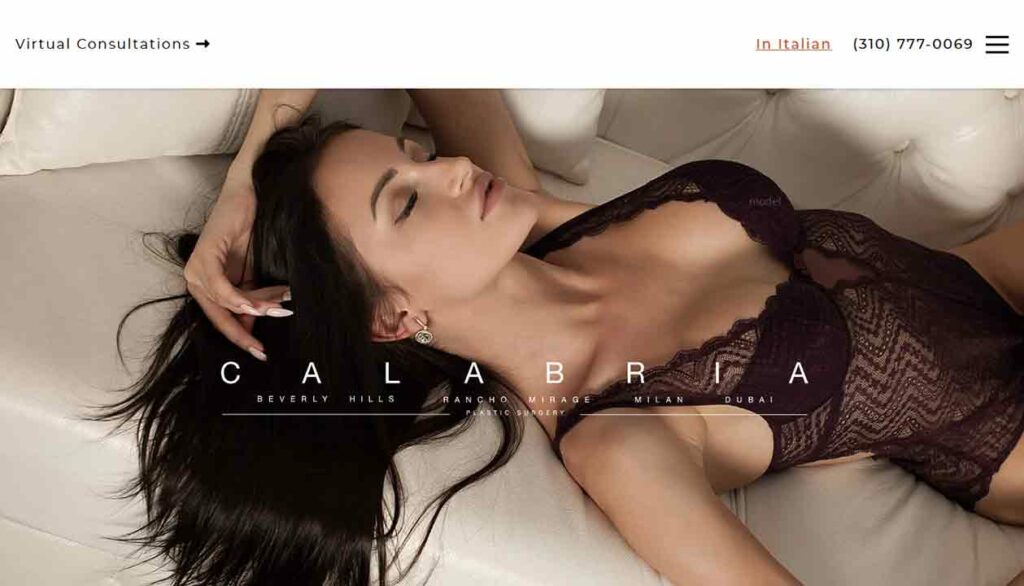 A screenshot of the Dr Calabria plastic surgeon website.