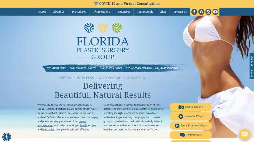 A screenshot of the Florida Plastic Surgery Group plastic surgeon website.