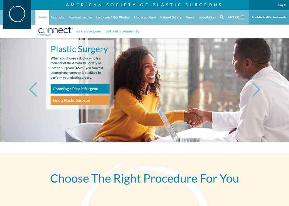 A screenshot of the American Society of Plastic Surgeons plastic surgeon website.