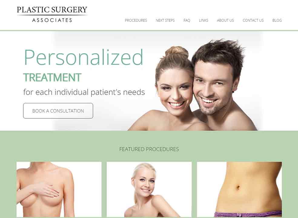 A screenshot of the Plastic Surgery Associates plastic surgeon website.