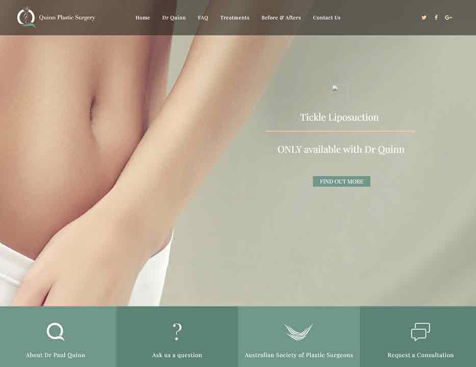 A screenshot of the Quinn Plastic Surgery plastic surgeon website.