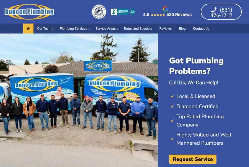 A screenshot of the Duncan Plumbing plumber website.