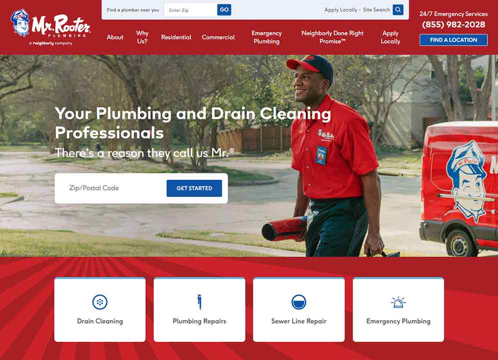 A screenshot of the Mr Rooter plumber website.