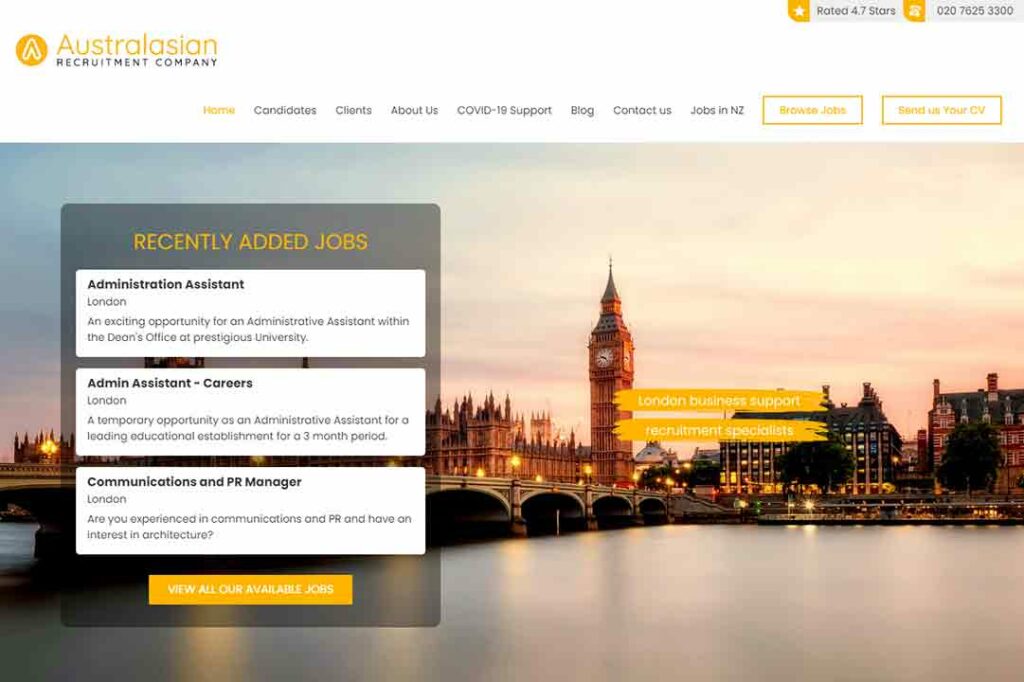 A screenshot of the Australasian Recruiting Agency recruitment website.