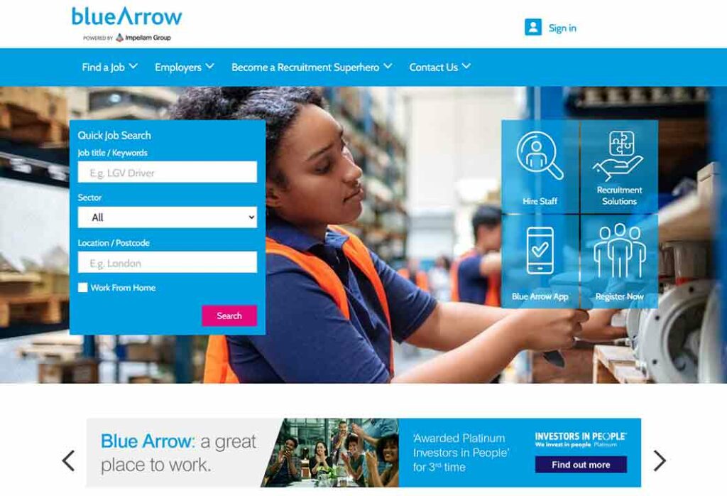 A screenshot of the Blue Arrow recruitment website.