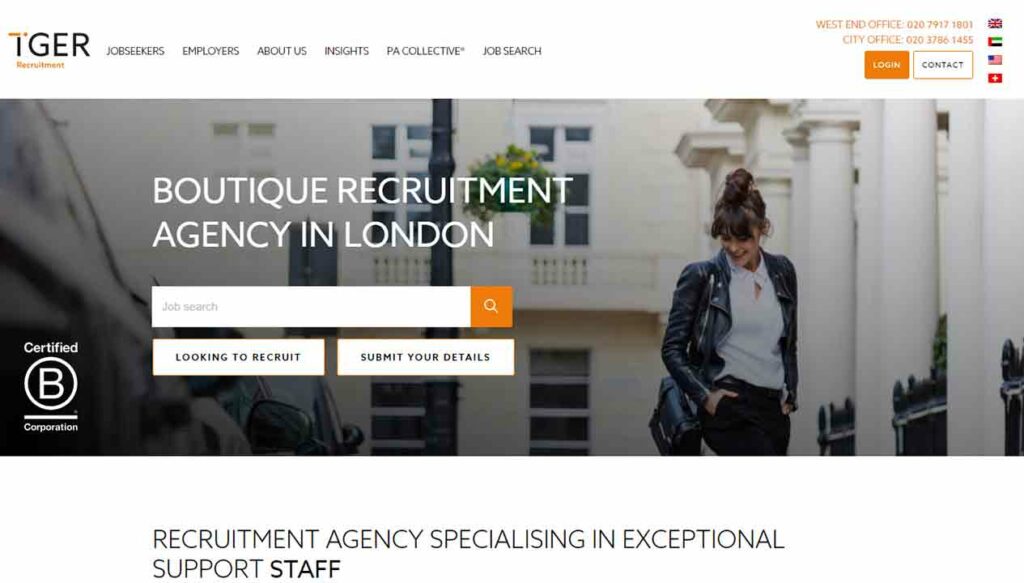 A screenshot of the Tger recruitment website.