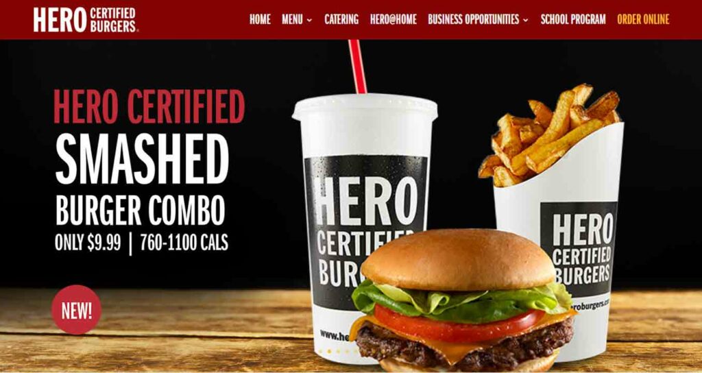 A screenshot of the Hero Burgers restaurant website.