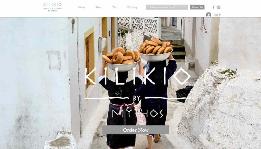 A screenshot of the Kilikio by Mythos restaurant website.