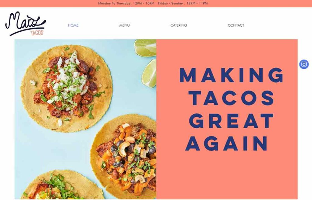 A screenshot of the Maiz Tacos restaurant website.