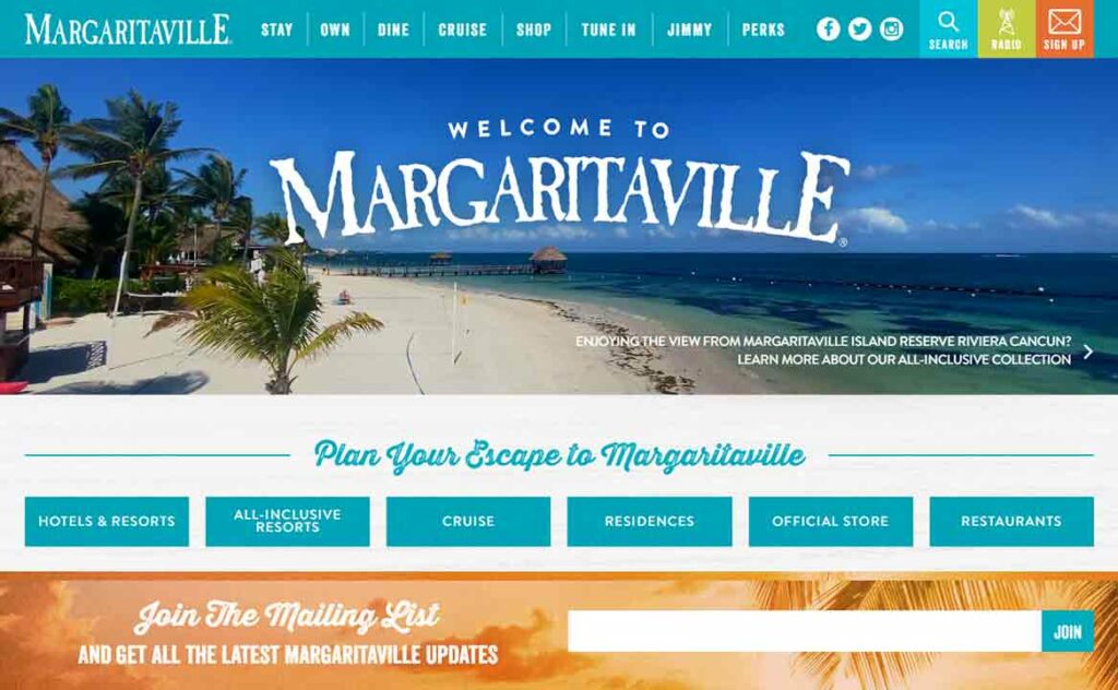 A screenshot of the Margaritaville restaurant website.
