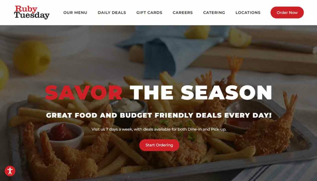 A screenshot of the Ruby Tuesday restaurant website.