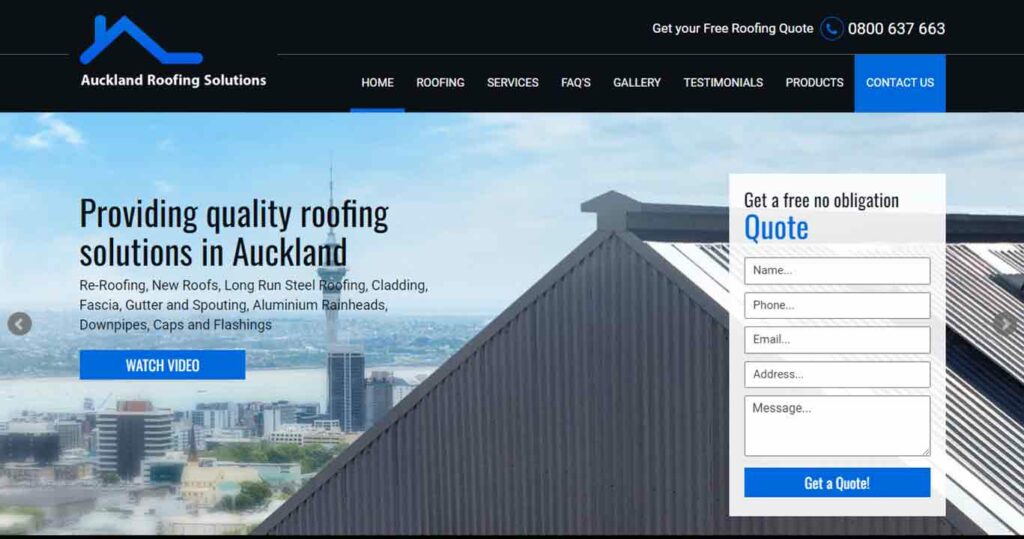 A screenshot of the Auckland Roofing Solutions roofing website.