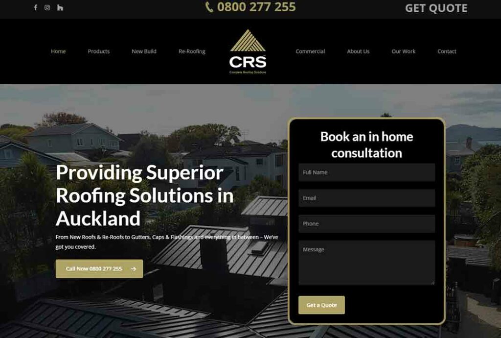 A screenshot of the CRS roofing website.