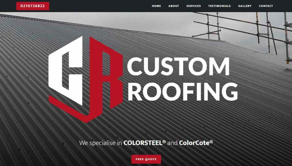 A screenshot of the Custom Roofing roofing website.