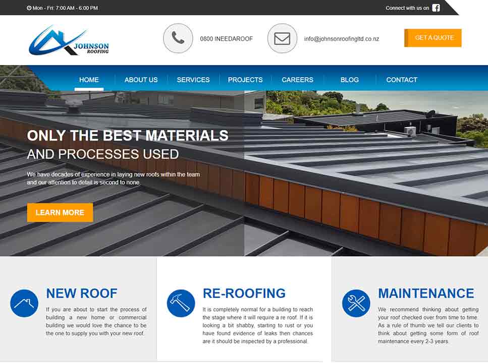 A screenshot of the Johnson roofing website.