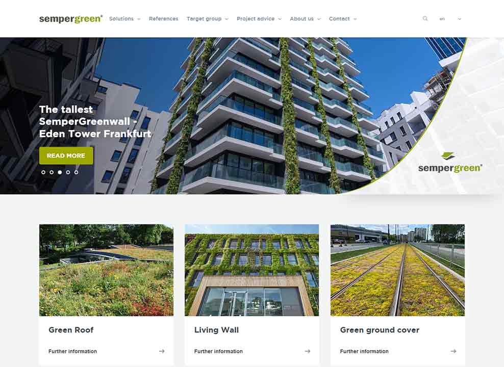 A screenshot of the Semper Green roofing website.