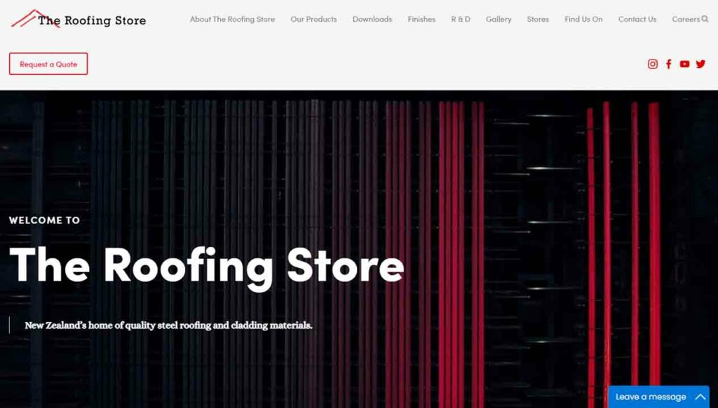 A screenshot of the The Roofing Store roofing website.