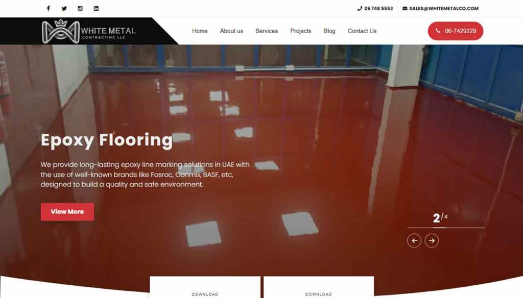 A screenshot of the White Metal Contracting roofing website.