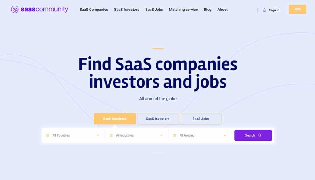 A screenshot of the Saas Community SaaS website.