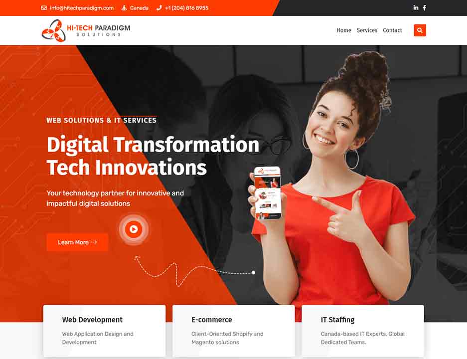 A screenshot of the Hi-Tech Paradigm Solutions tech website.