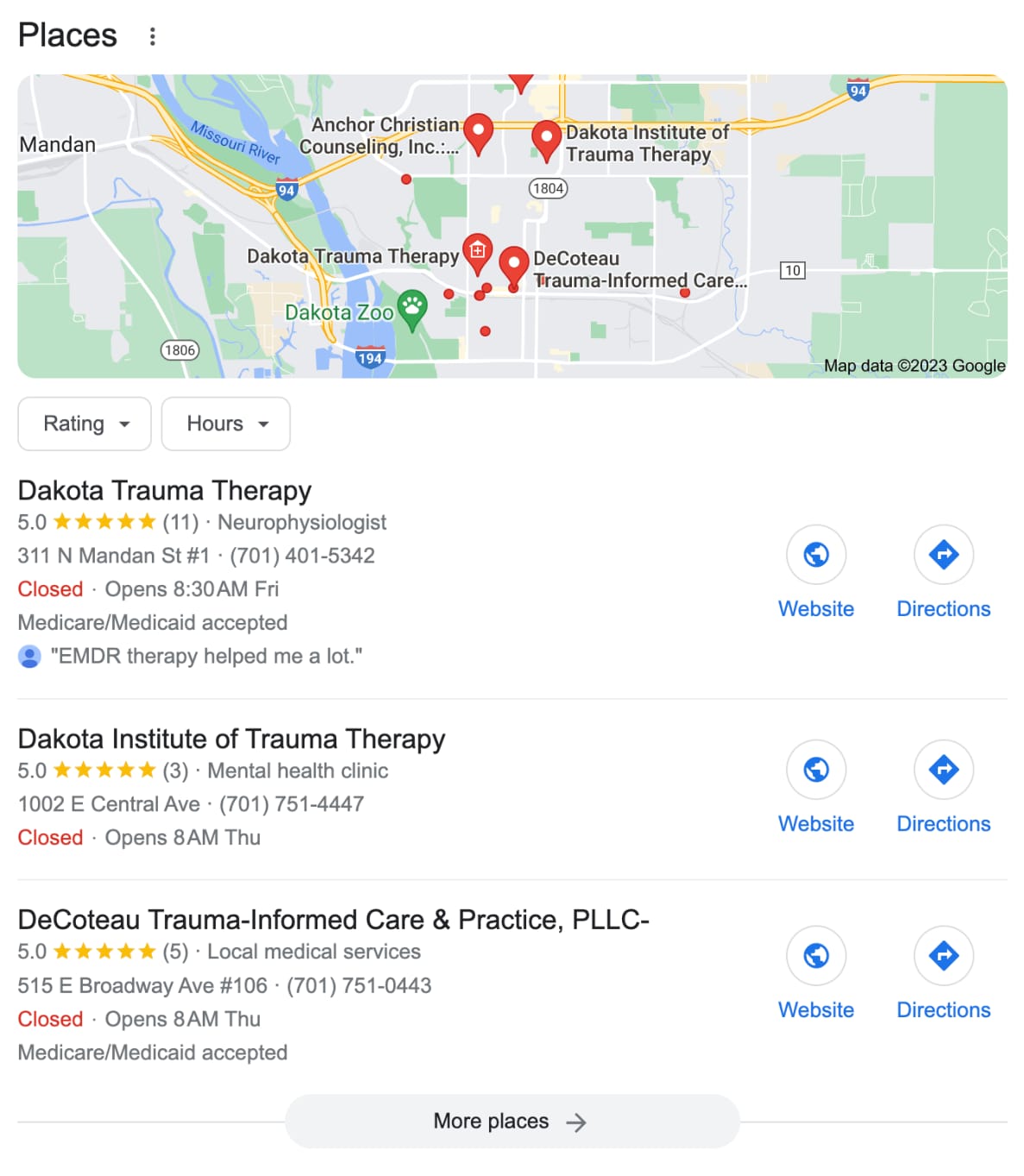 A screenshot of the Google Maps rankings for Dakota Trauma Therapy.