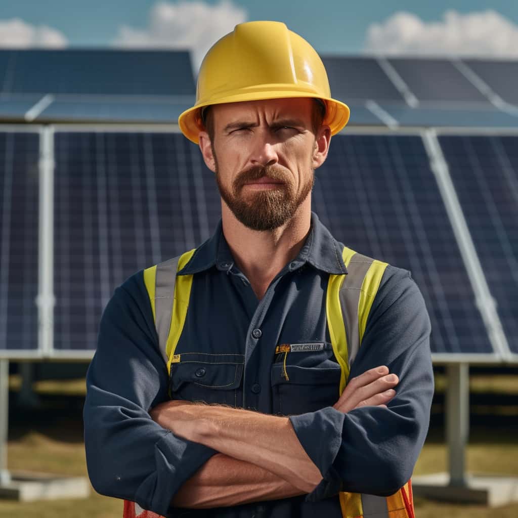 A bored solar power worker sits idle, looking sad, with no work to do.