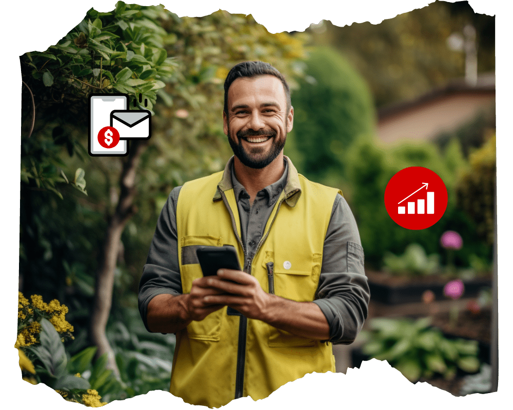 A landscaper looking at his phone, excited about all of the new clients coming in from SEO services.