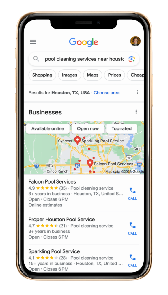 An example of a mobile showing a Google search for "pool cleaning services near me" in Houston.