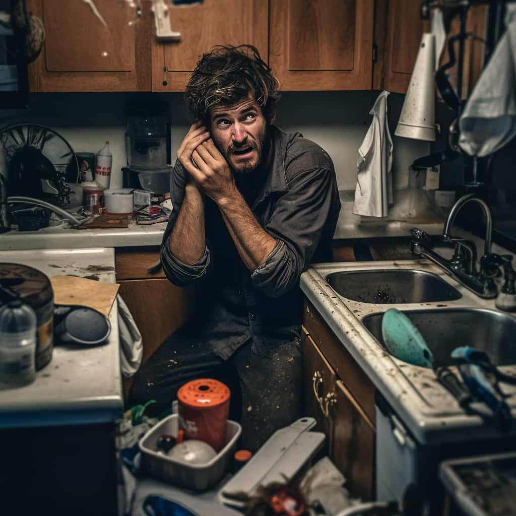 A frantic homeowner in a chaotic, disorganized kitchen, signifying what a poor quality plumbing lead looks like.