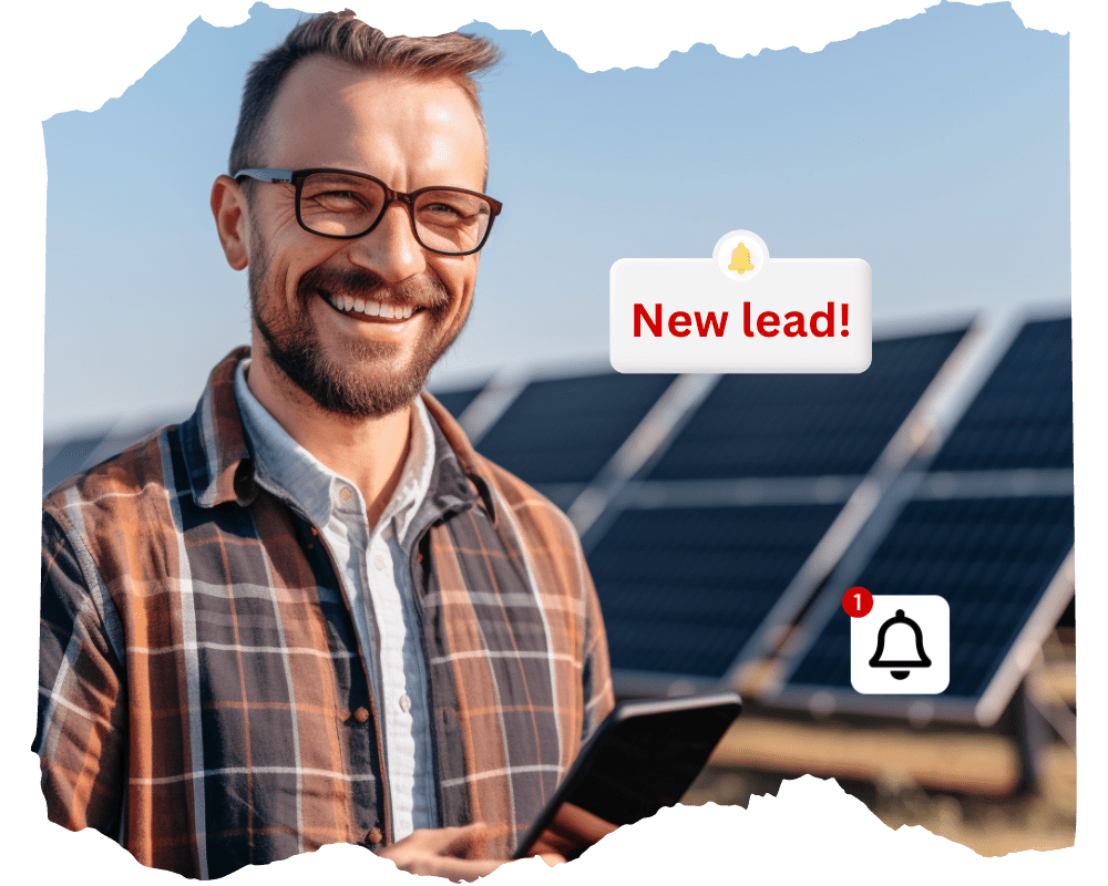 A solar power worker stares at his phone, smiling at the fact his SEO services are bringing in new clients and business.