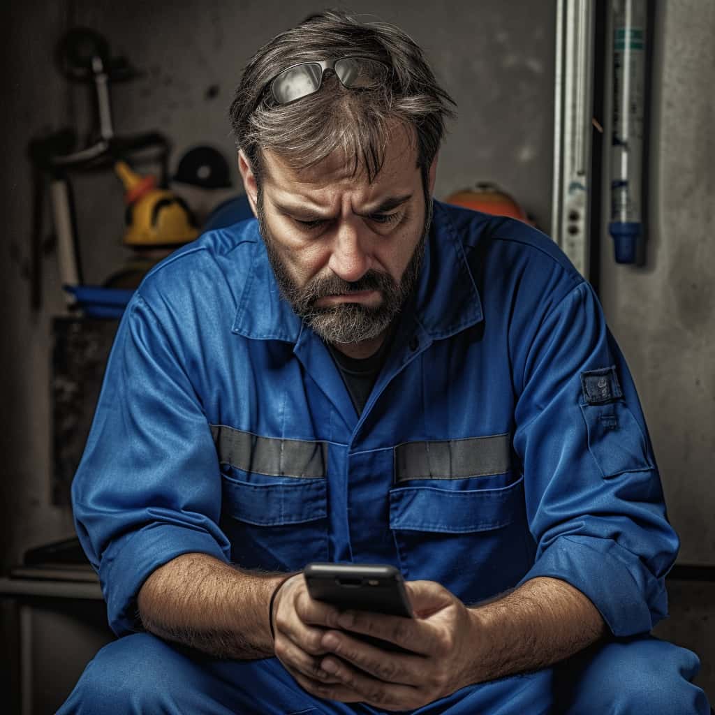 A sad plumber staring at his phone, wondering how he can make his revenue more predictable.