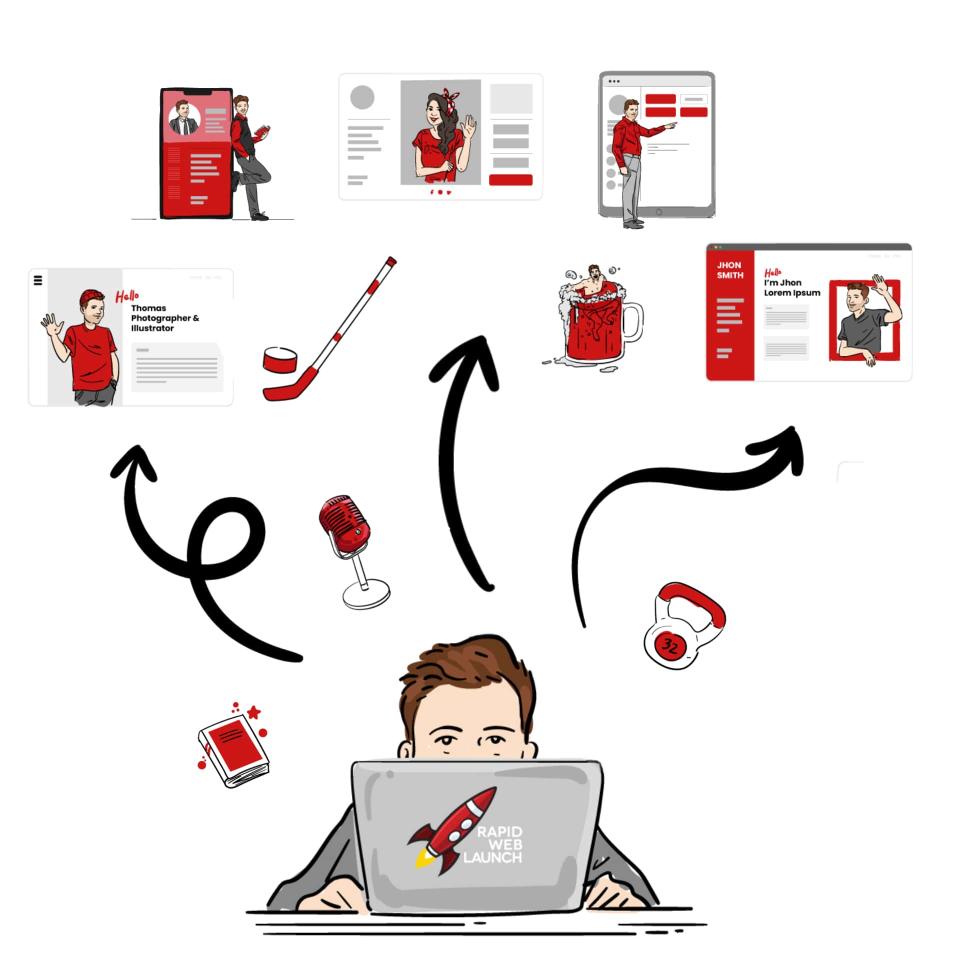 An illustration of a man working on his laptop on his small business digital marketing agency.