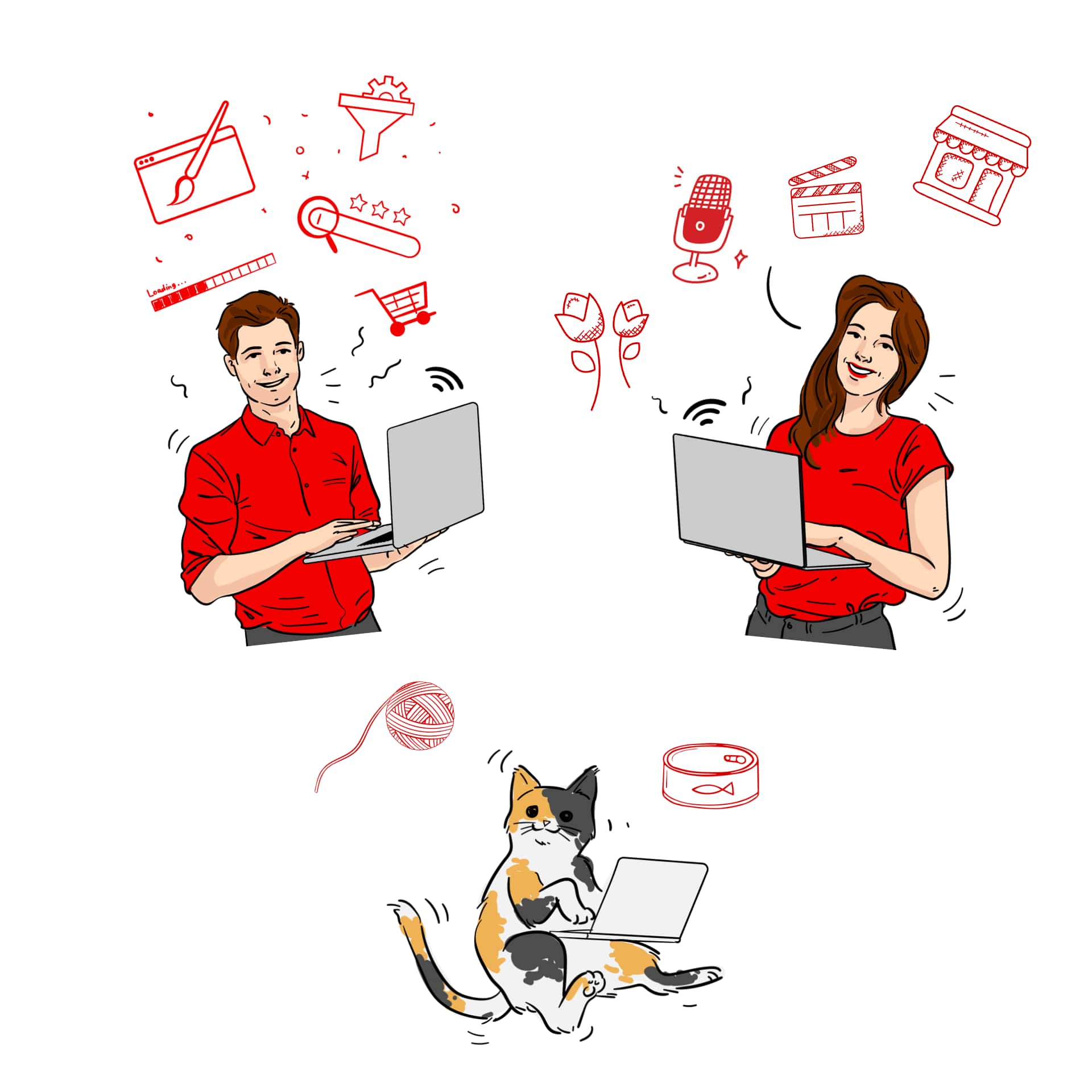 A man, woman and cat working on free website audits for their small business digital marketing clients.