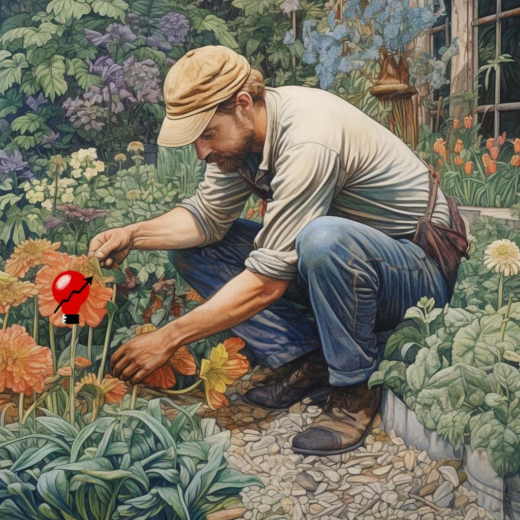 A landscaper crouched in a vibrant garden, meticulously planting seeds in rich, fertile soil. Each seed packet should be subtly labeled with different marketing strategies: social media, email marketing, SEO, website optimization, video marketing, and customer interaction. As the seeds are being planted, show tiny sprouts of plants just beginning to grow, indicating the start of a marketing strategy. You can make the sprouts unique, like a sprout with 'like' thumbs-up leaves representing social media, an email envelope-shaped bud representing email marketing, and so forth. The sun overhead should cast a warm glow on the scene, symbolizing the positive effects of these marketing strategies. This image should communicate the idea that like planting seeds, successful marketing begins with a thoughtful and strategic start, promising future growth and bloom.