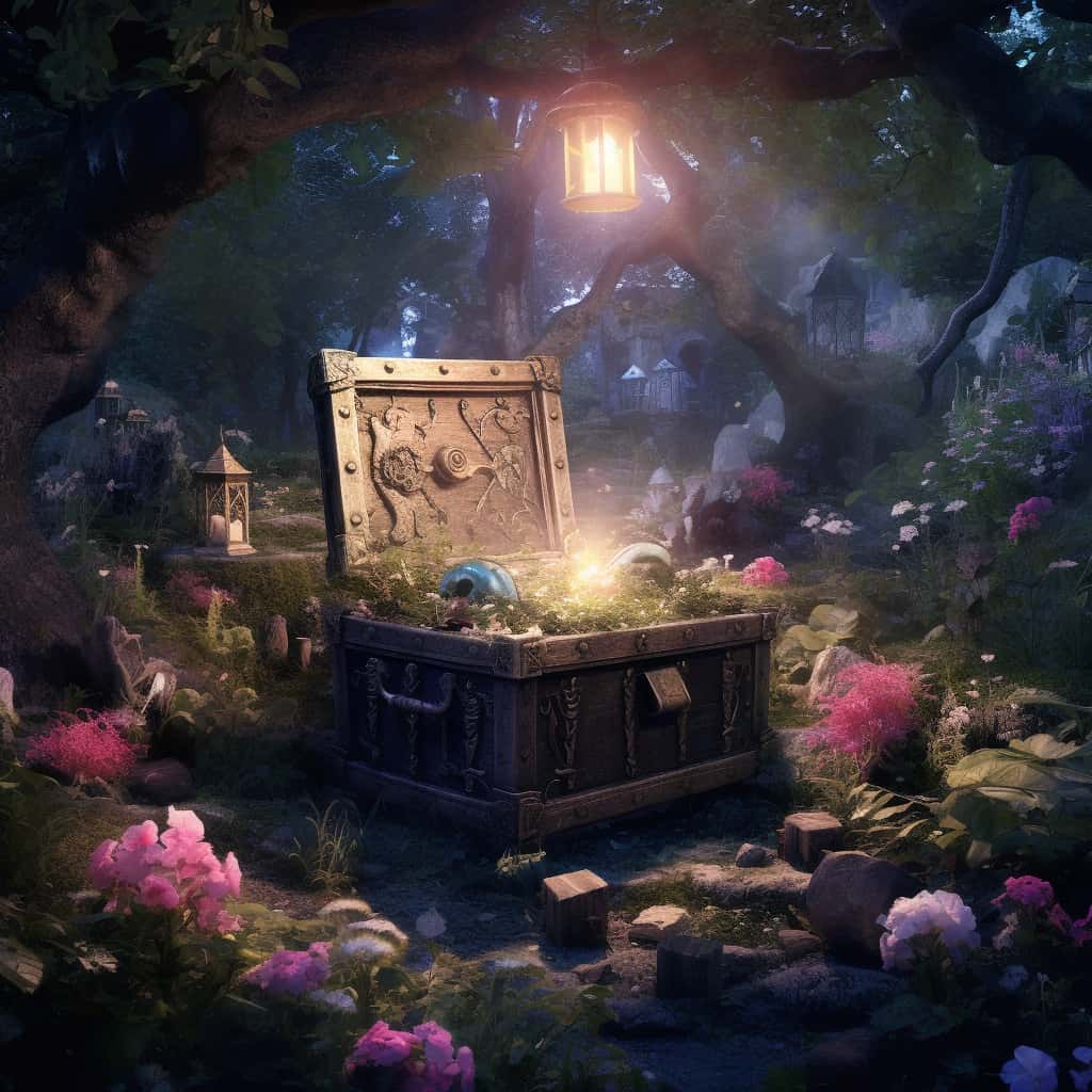 A mystical and enchanting garden at dusk. In the heart of the garden, there's a large, ancient-looking tree with a hollow in its trunk. Inside this hollow, reveal a treasure chest emitting a soft glow, symbolizing marketing secrets. Within the chest, display several symbols of marketing tools, each surrounded by a shimmering aura. Show an email envelope, a 'like' thumbs-up symbol, an SEO keyword tag, a website symbol, a video play button, and a chat bubble, all looking like precious gems. Sprinkle a few mystical creatures such as glowing butterflies or luminescent birds in the scene, symbolizing curious marketers or businesses drawn to these secrets. The image should communicate that marketing strategies, like hidden treasures, hold immense value and can lead to magical transformations in business growth when discovered and utilized effectively.