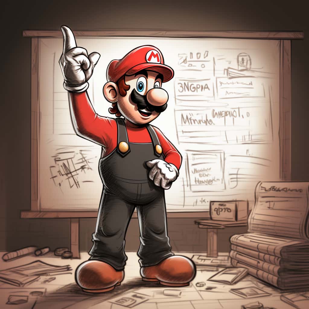 A hand drawn sketch of the character Super Mario standing by a whiteboard, creating a plumber marketing strategy.