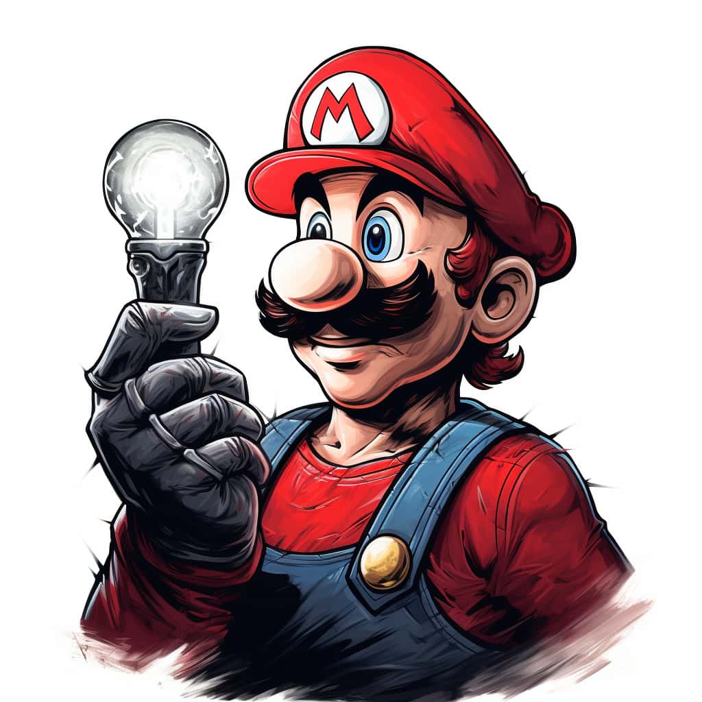 A hand drawn sketch of the character Super Mario having a plumbing marketing idea, with a lightbulb above his head.