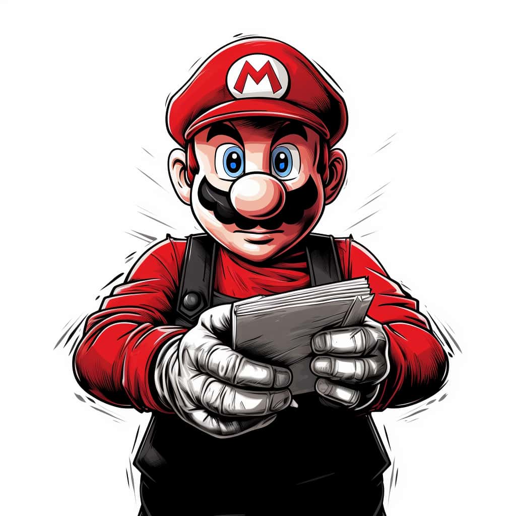 A hand drawn sketch of the character Super Mario handing out pamphlets, using traditional plumbing marketing methods.