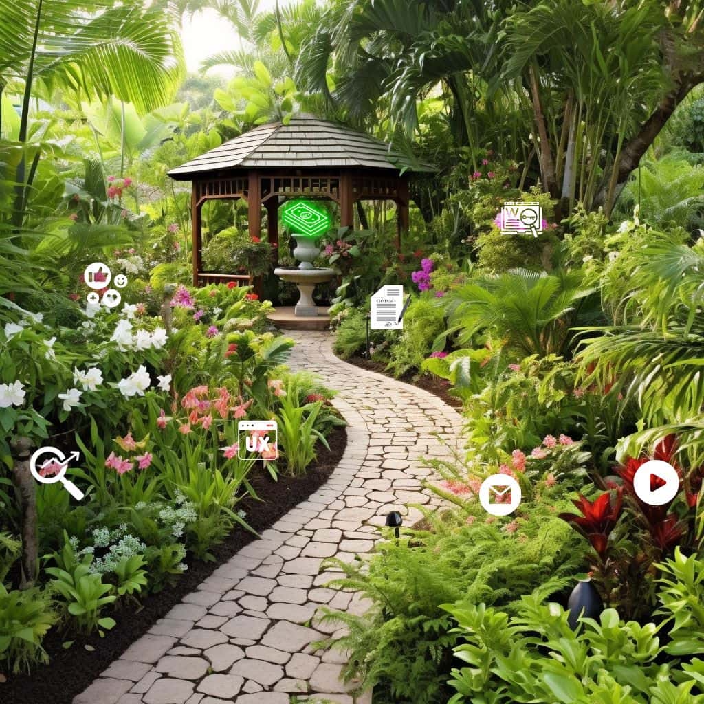 A beautifully designed lush garden in full bloom. The garden path symbolizes the customer journey and should lead from the entrance (representing customer awareness) to a gazebo in the center (symbolizing customer conversion and loyalty). Along the path, plant various types of flowers, each uniquely representing different marketing tools. For instance, a flower with 'like' thumbs-up symbol petals for social media, an email envelope flower for email marketing, a flower made up of SEO keyword tags for SEO strategy, a web symbol flower for website development, a video play button flower for video marketing, and a chat bubble flower for customer interaction. Integrate butterflies and bees that move from one flower to another, representing potential clients interacting with different marketing strategies. The sun shining brightly in the sky could be a symbol for a successful marketing strategy, fostering growth in the garden.