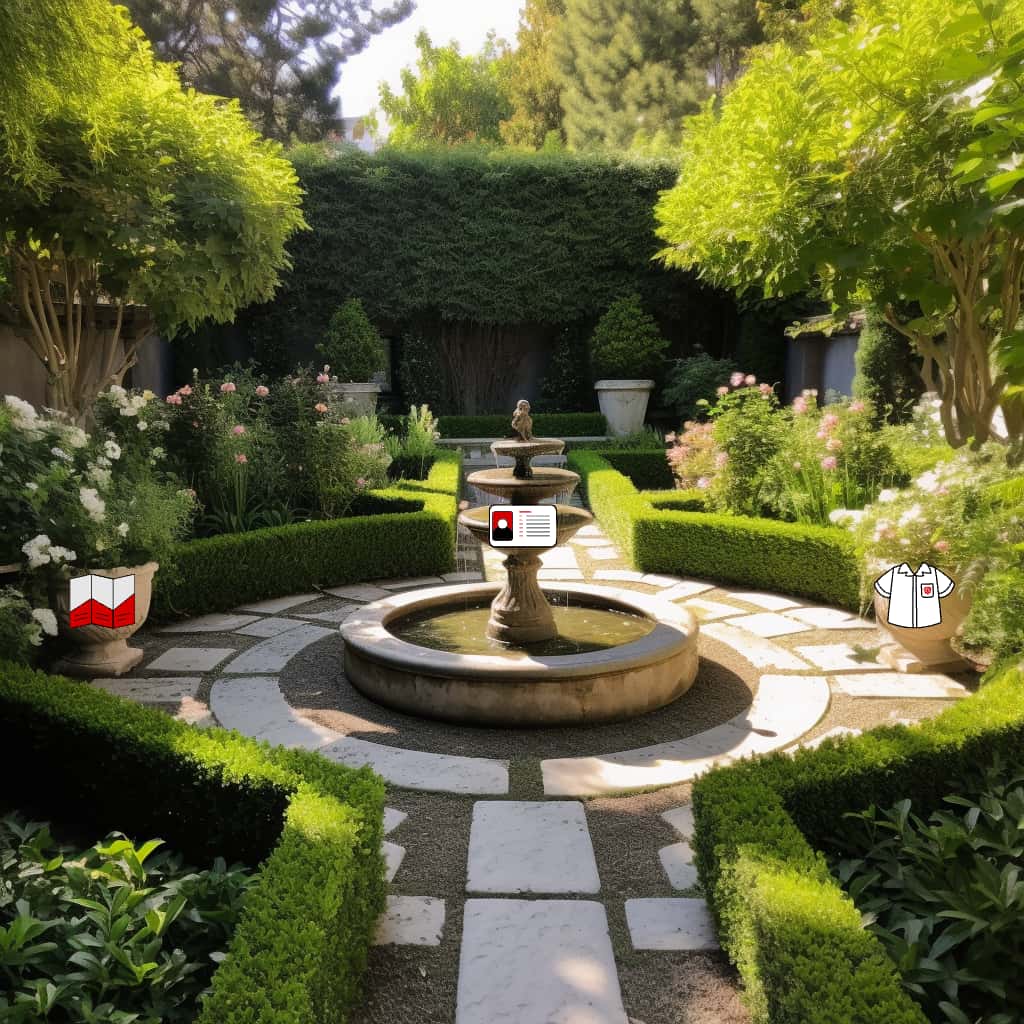 A meticulously designed and well-kept landscaped garden. The garden should be adorned with various unique features such as decorative stones, water features like fountains or ponds, and garden ornaments like bird baths or statues. Each of these elements should subtly incorporate symbols of marketing tools: the stones could be engraved with email envelopes to represent email marketing, water features could have floating 'like' symbols to denote social media engagement, and the garden ornaments could subtly integrate website symbols, SEO keyword tags, video play buttons and chat bubbles. Pepper the garden with a few visitors admiring these unique features, symbolizing potential clients being attracted by the unique charm of the well-marketed business. The image should communicate that just as these decorative features give the garden its unique character, marketing materials enhance the character and charm of a business, attracting more visitors and potential clients.