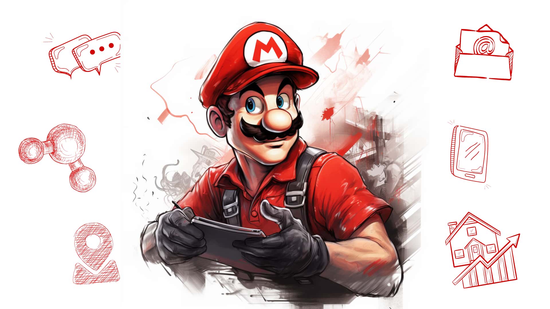 A hand-drawn, vintage style image depicting the character Super Mario, dressed in his iconic red and blue outfit, standing next to a red and green old-fashioned plumbing van labeled 'Mario's Plumbing Services.' Mario is working on his plumbing marketing guide.