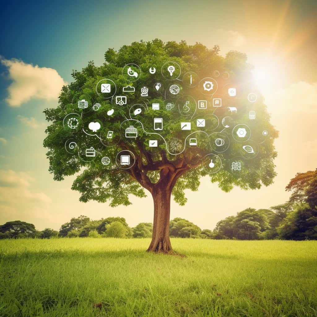 A vibrant and robust tree flourishing in the center of a sunny, lush green landscape. The tree is unique and stands out, its branches wide and leaves shimmering in the sun. On the tree trunk, subtly integrate the icons representing different digital marketing elements: a 'like' symbol, an email envelope, an SEO keyword tag, a website symbol, a video play button, a chat bubble, and a megaphone to symbolize word-of-mouth. Show the roots of the tree drawing nutrients from the soil, symbolizing a solid marketing strategy. Surround the tree with a few smaller trees representing competitors, which are less lush and vibrant. Make sure the image communicates the idea that with the right marketing, businesses can flourish and stand out from the competition.