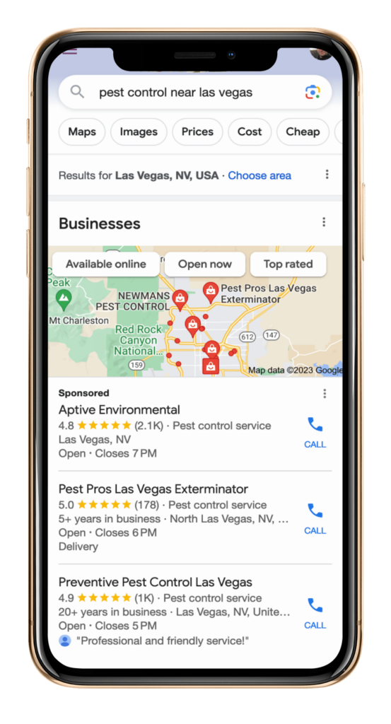 An example of a mobile search of "pest control services near me" in Las Vegas, NV.