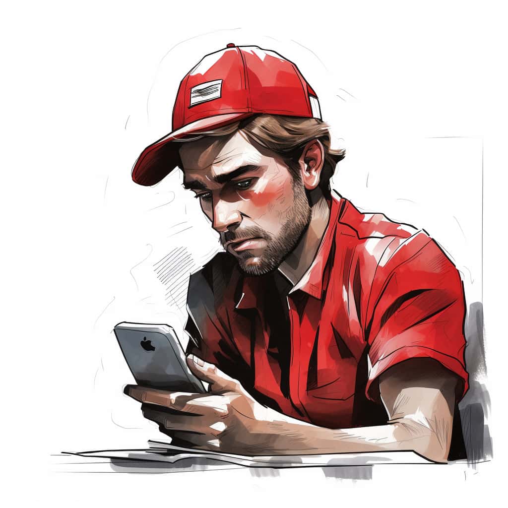 A concerned worker looks at his phone, sad about the lack of new business coming in from his website that does not use SEO services.