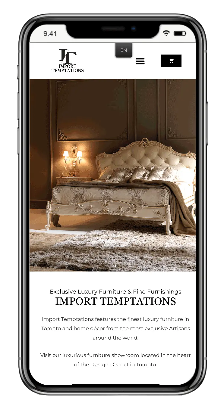 Un ejemplo de sitio web de pequeña empresa en un teléfono, Import Temptations.