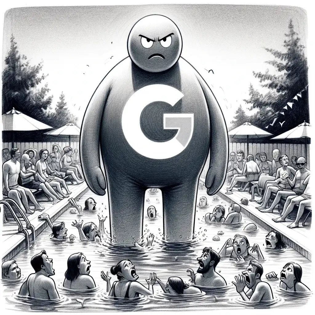 Una gigantesca personificación de Google echa a todos de la piscina, justo cuando se estaban divirtiendo.