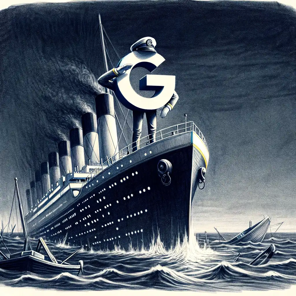 Ilustración del logotipo de Google hundiéndose con el Titanic.