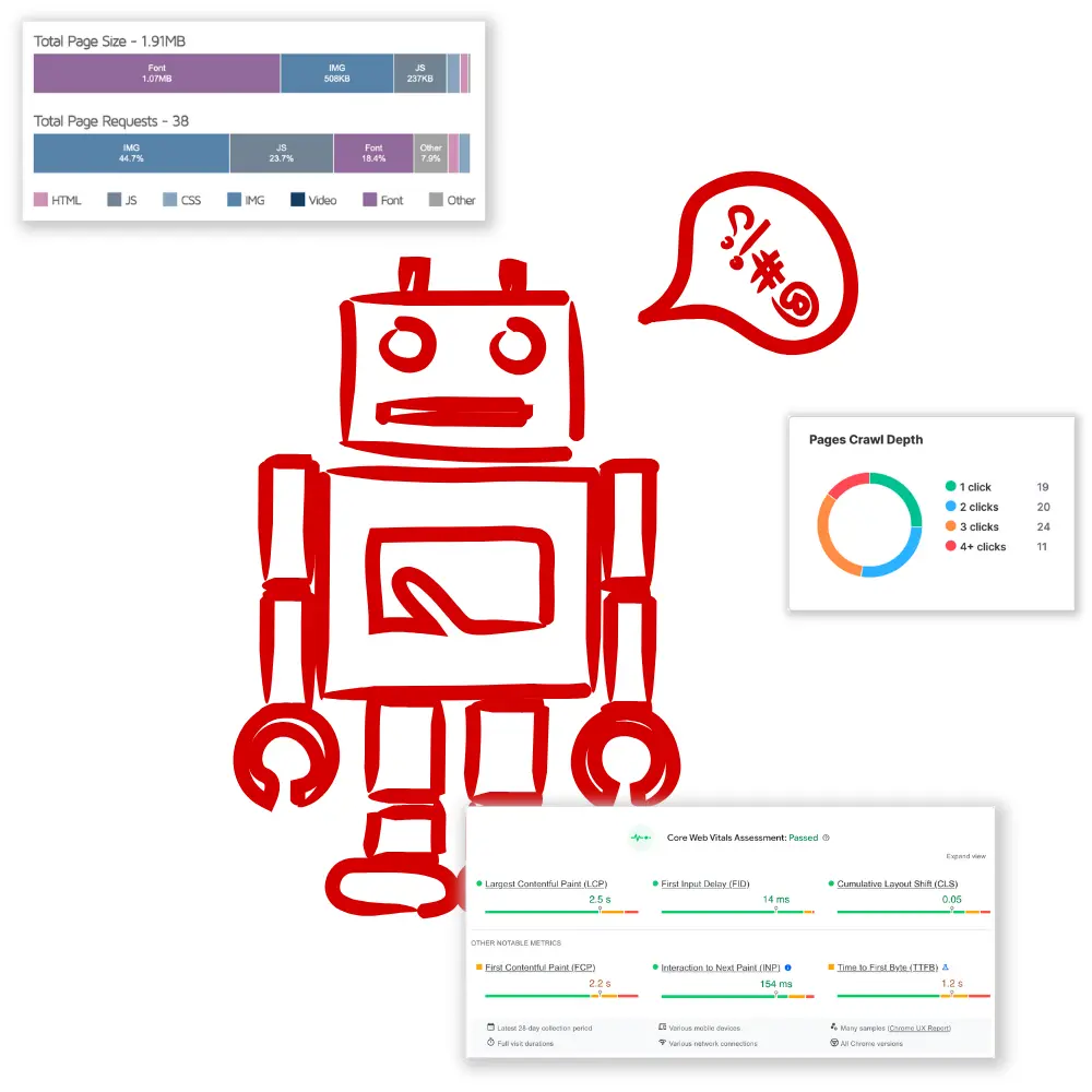 Red robot illustration with website analytics graphics.