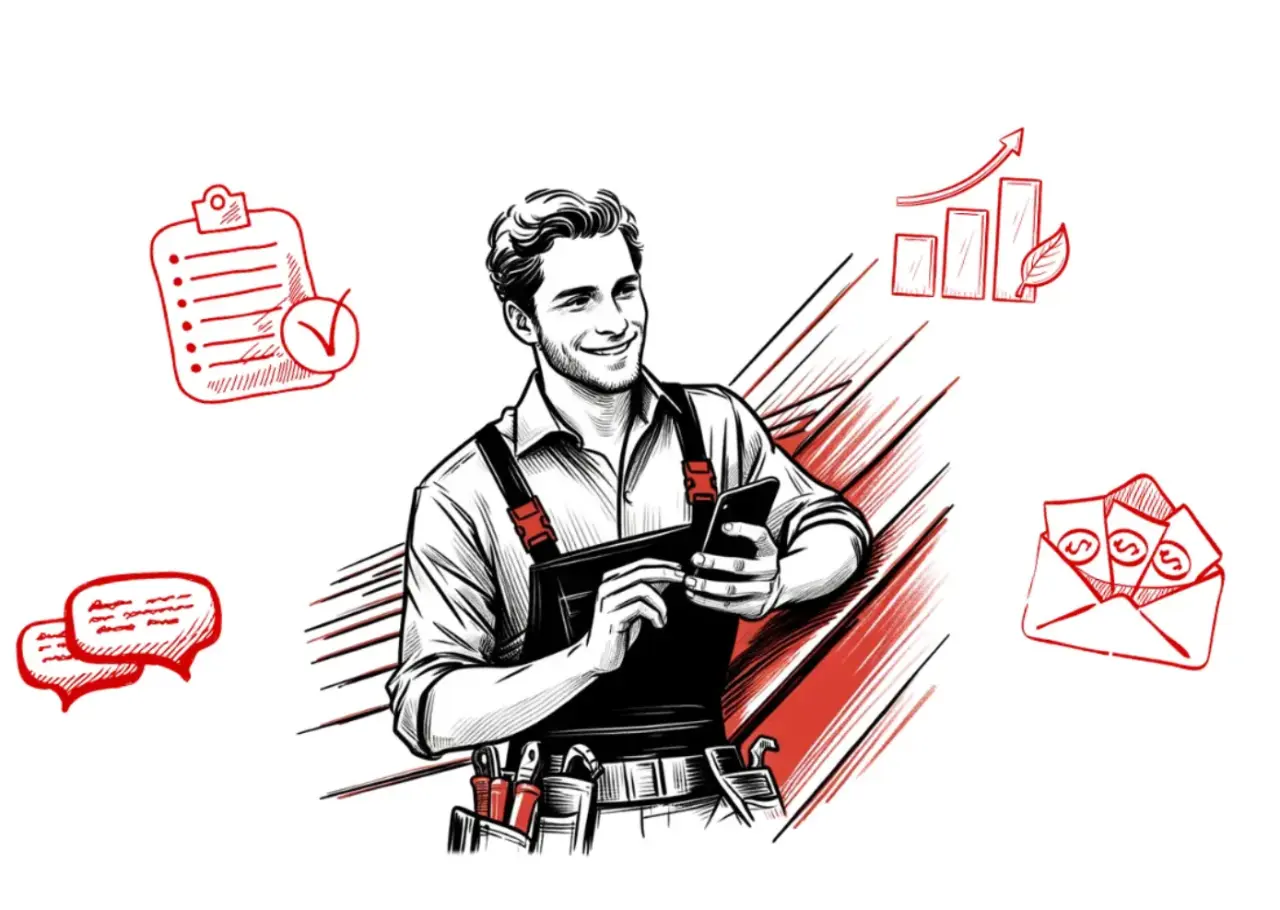 Illustration of cheerful handyman with tools and communication icons.