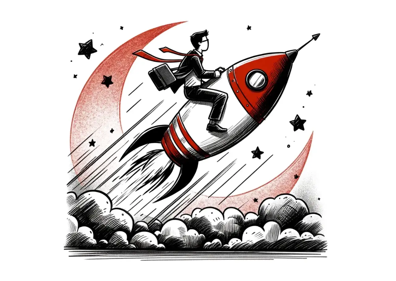 Man riding rocket into space, illustrated concept.
